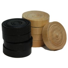 Damschijven 32 mm.blank/zw.in houten kist