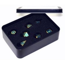 Dobbelst.Set Metaal Romeins Goud/Groen Tin doosje