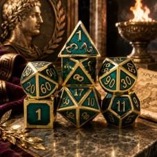Dobbelst.Set Metaal Romeins Goud/Groen Tin doosje