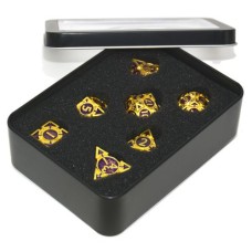 Dobbelst.Set Metaal Goud/paars pijlen tin doosje
