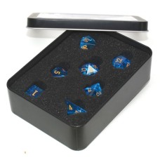 Dobbelst.Set Glas Shattered Blauw in tin doosje