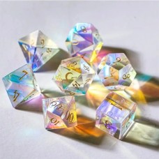 Dobbelstenenset Glas Regenboog in tin doosje